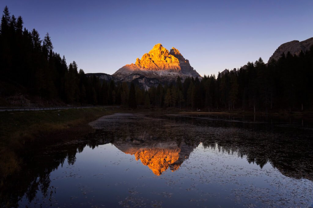 Sunset, Tre Cime di Lavaredo, Lake Antorno, Dolomites, Italy