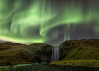 Aurora Borealis, Skogafoss Waterfall, Iceland